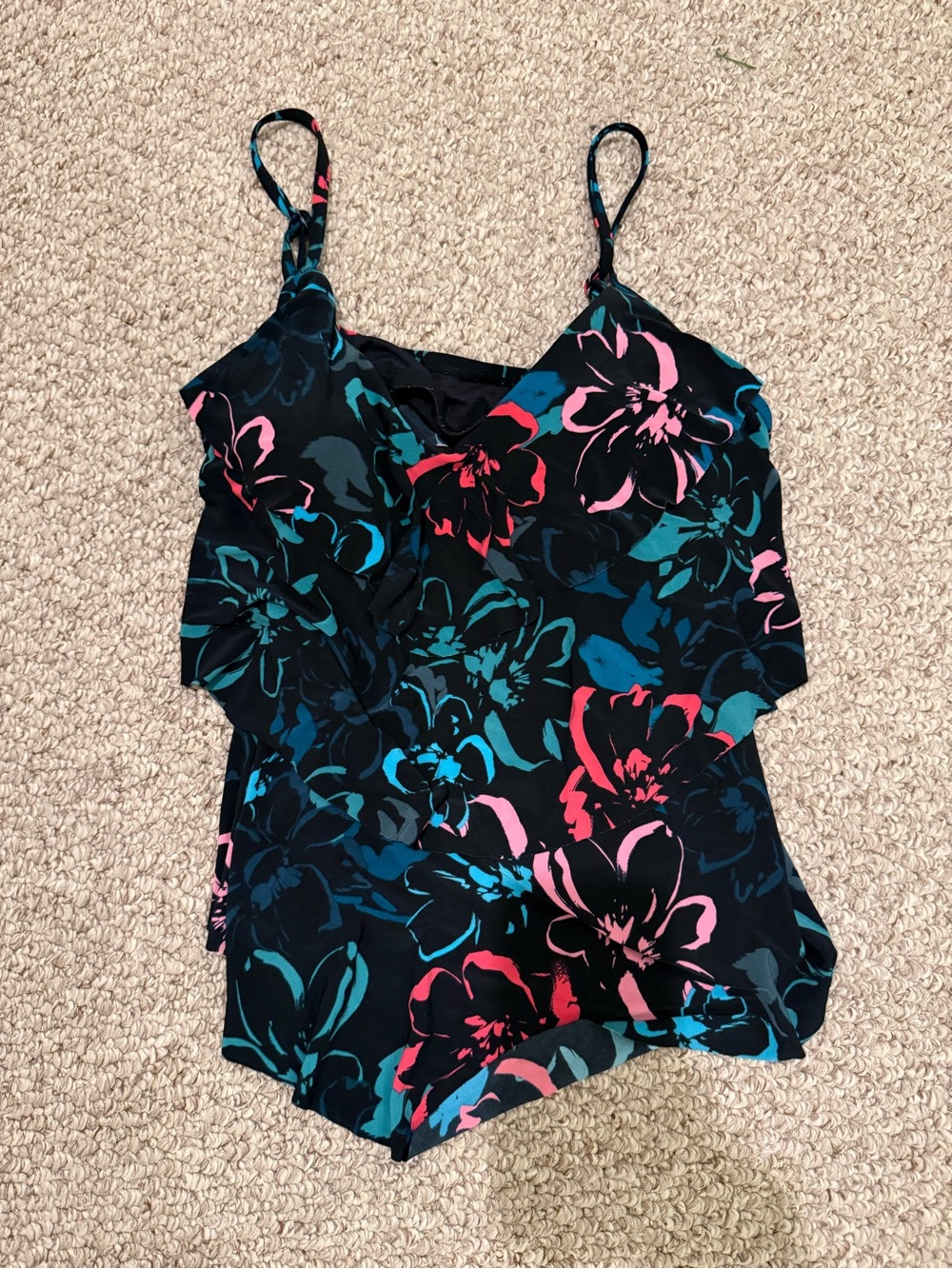 Floral Black V-Neck Tankini